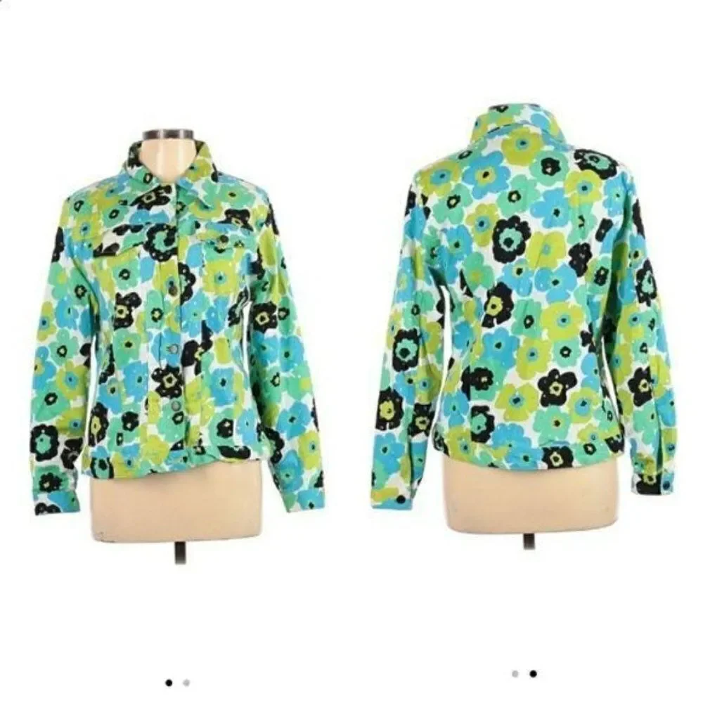 Whimsical 70's Flower Sequin Shaket Jean Jacket Floral Button Down Pockets Sz 10
